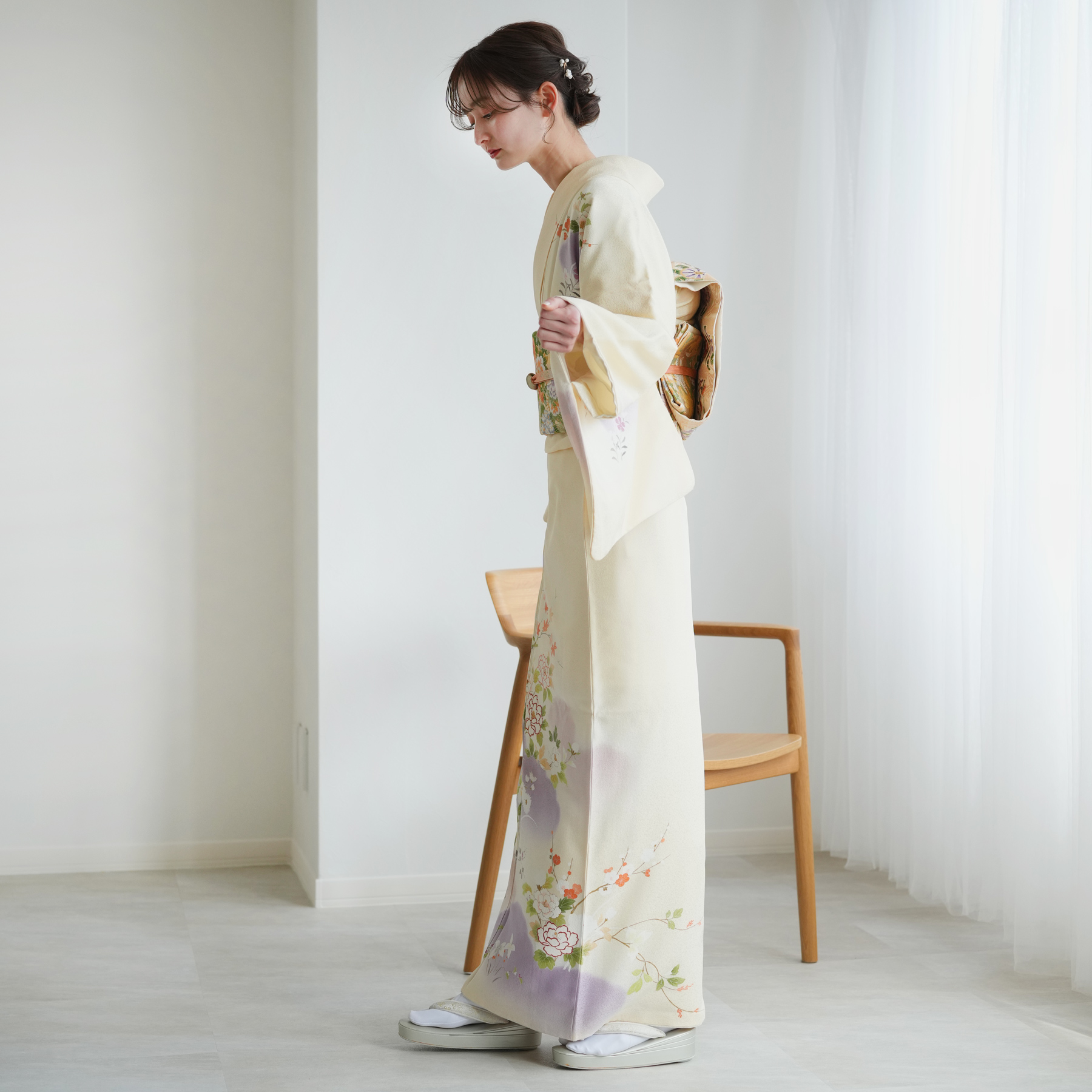 訪問着 レンタル おしゃれ 20点 フルセット 正絹 着物 花柄 クリーム系
