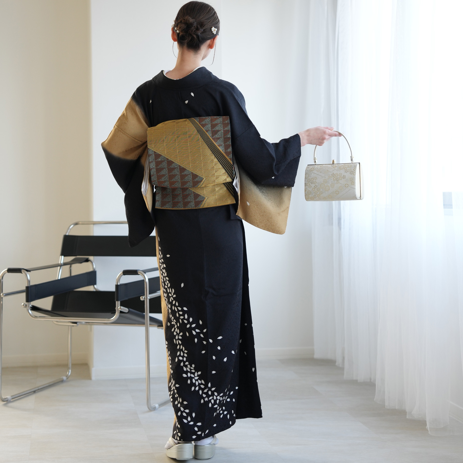 訪問着 レンタル おしゃれ 20点 フルセット 正絹 着物 花 黒系 七五三