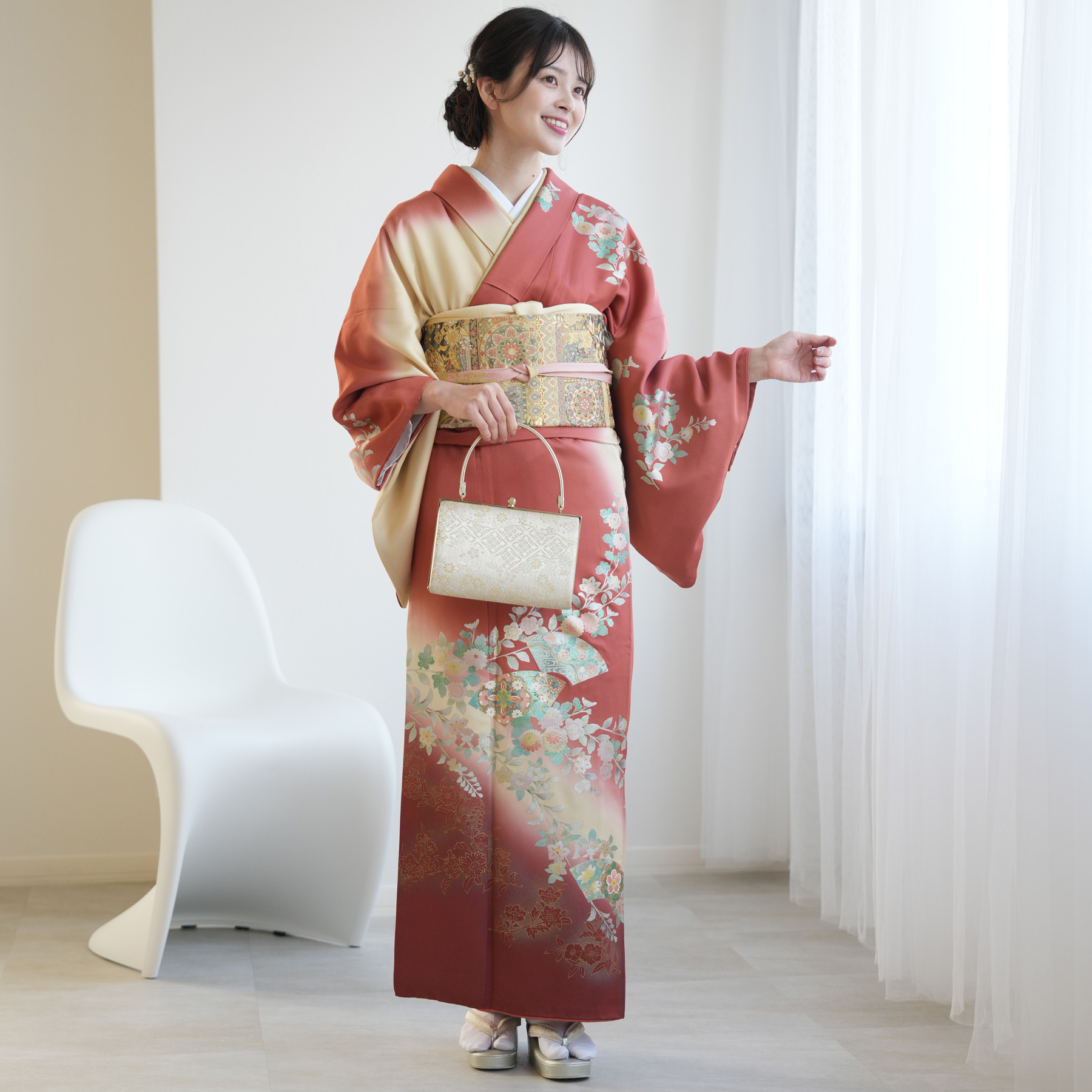 訪問着 レンタル おしゃれ 20点 フルセット 正絹 古典 レトロ 花 赤茶