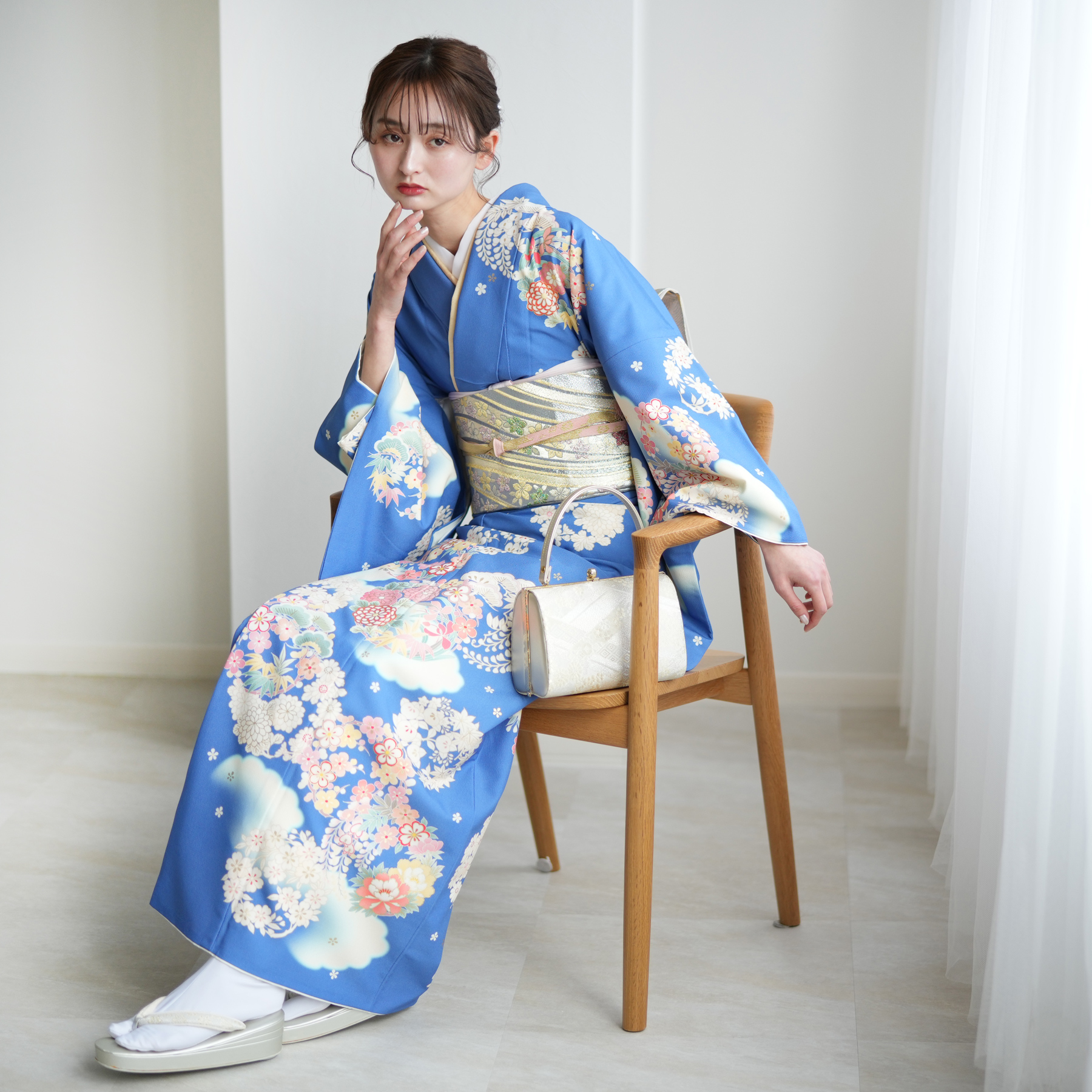 訪問着 レンタル おしゃれ 20点セット JAPAN STYLE 着物 花 青系 卒業