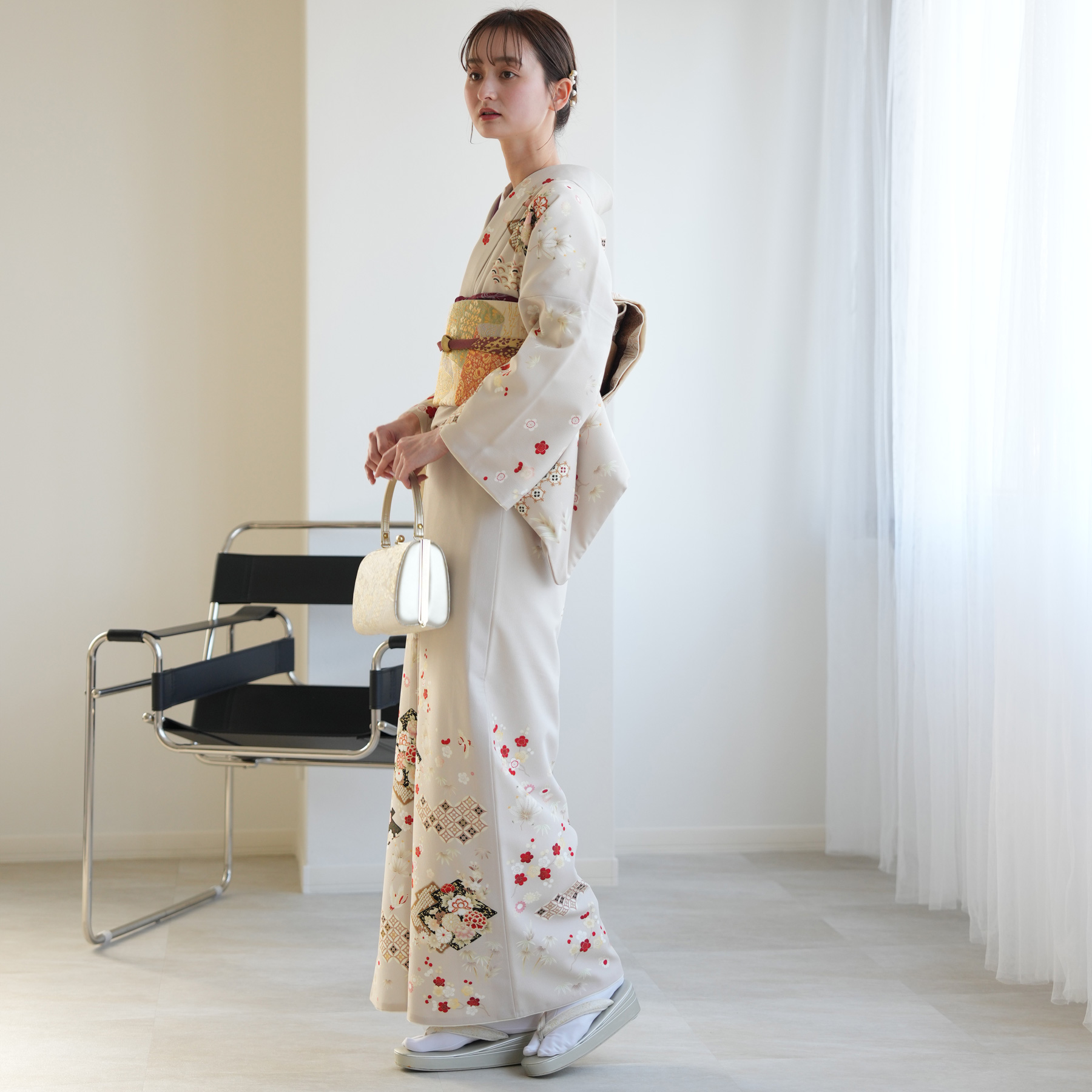 訪問着 レンタル おしゃれ 20点セット JAPAN STYLE 着物 花 ベージュ系