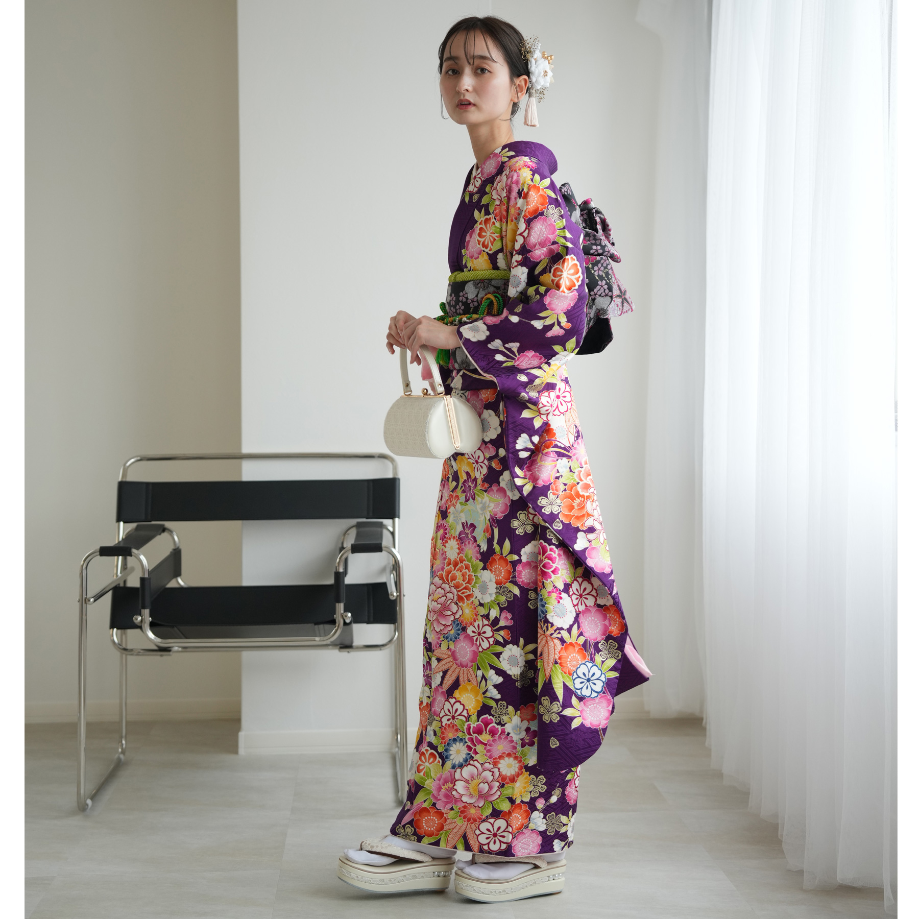 振袖 レンタル 成人式 21点セット レトロ 成人式セット 花 紫系 正絹