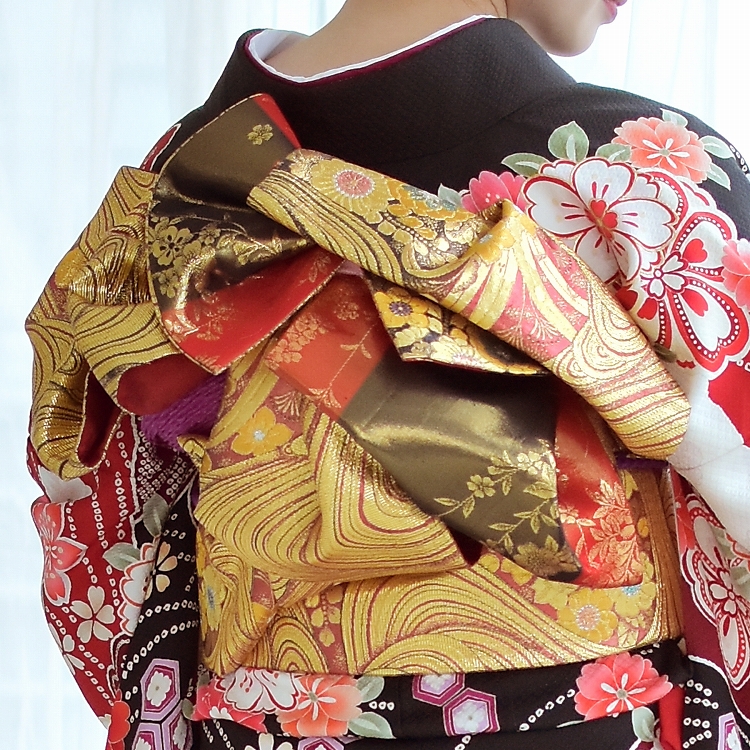 振袖 レンタル 成人式 21点セット レトロ 成人式セット 花 黒系 正絹