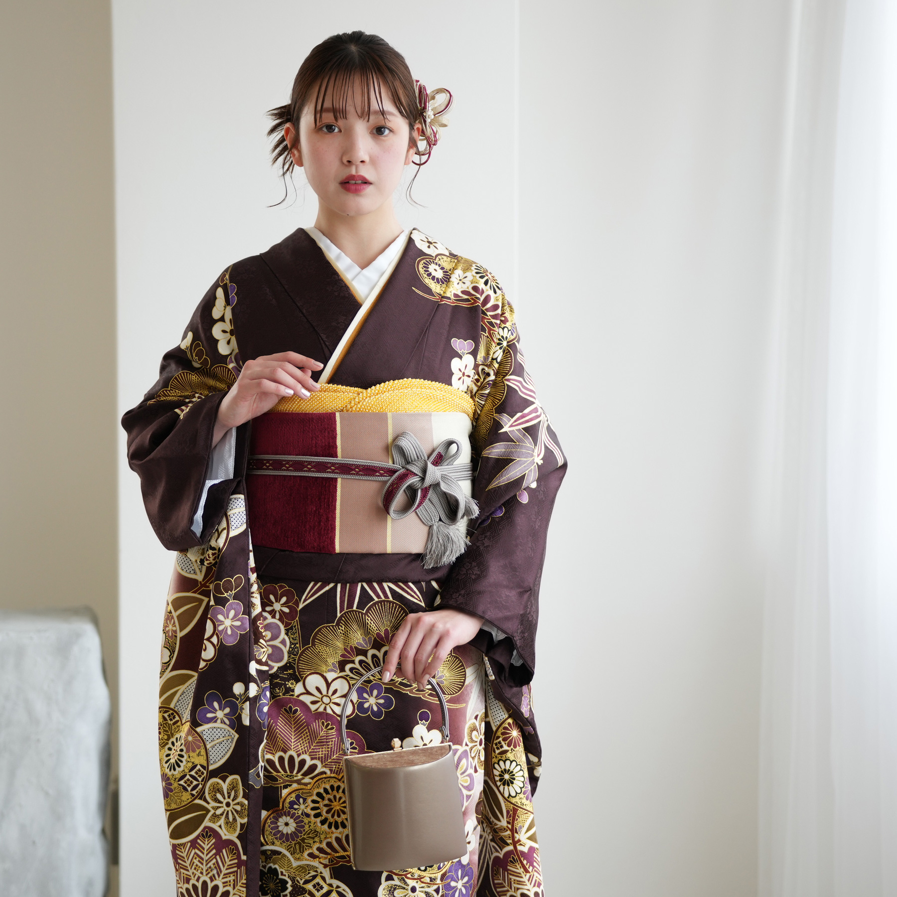 レンタル 振袖 正絹着物+袋帯 21点セット 絵羽 特選・渋紫に華やか吉祥