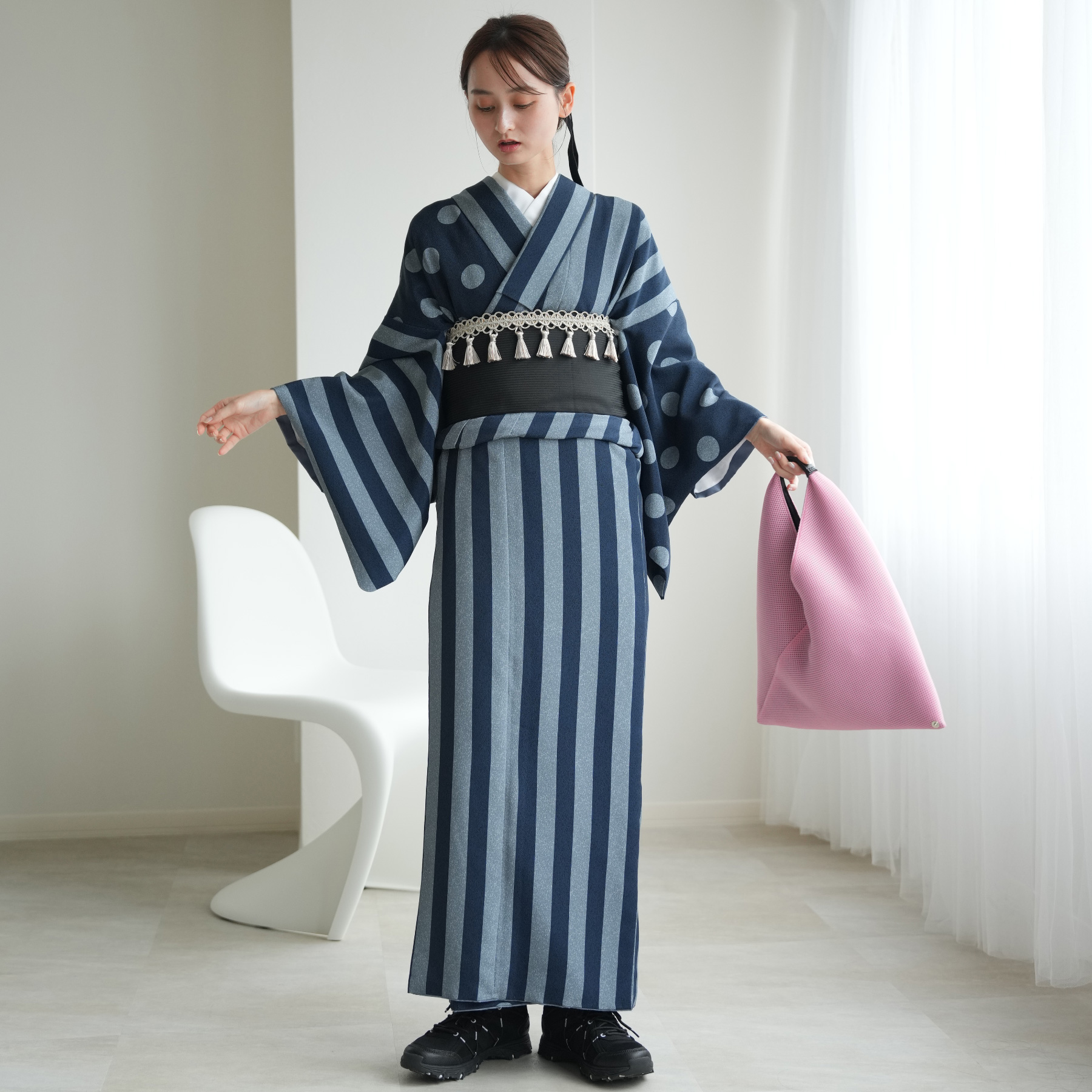 utatane 着物 ポリエステル 単品 レトロ モダン モード ストライプ 紺