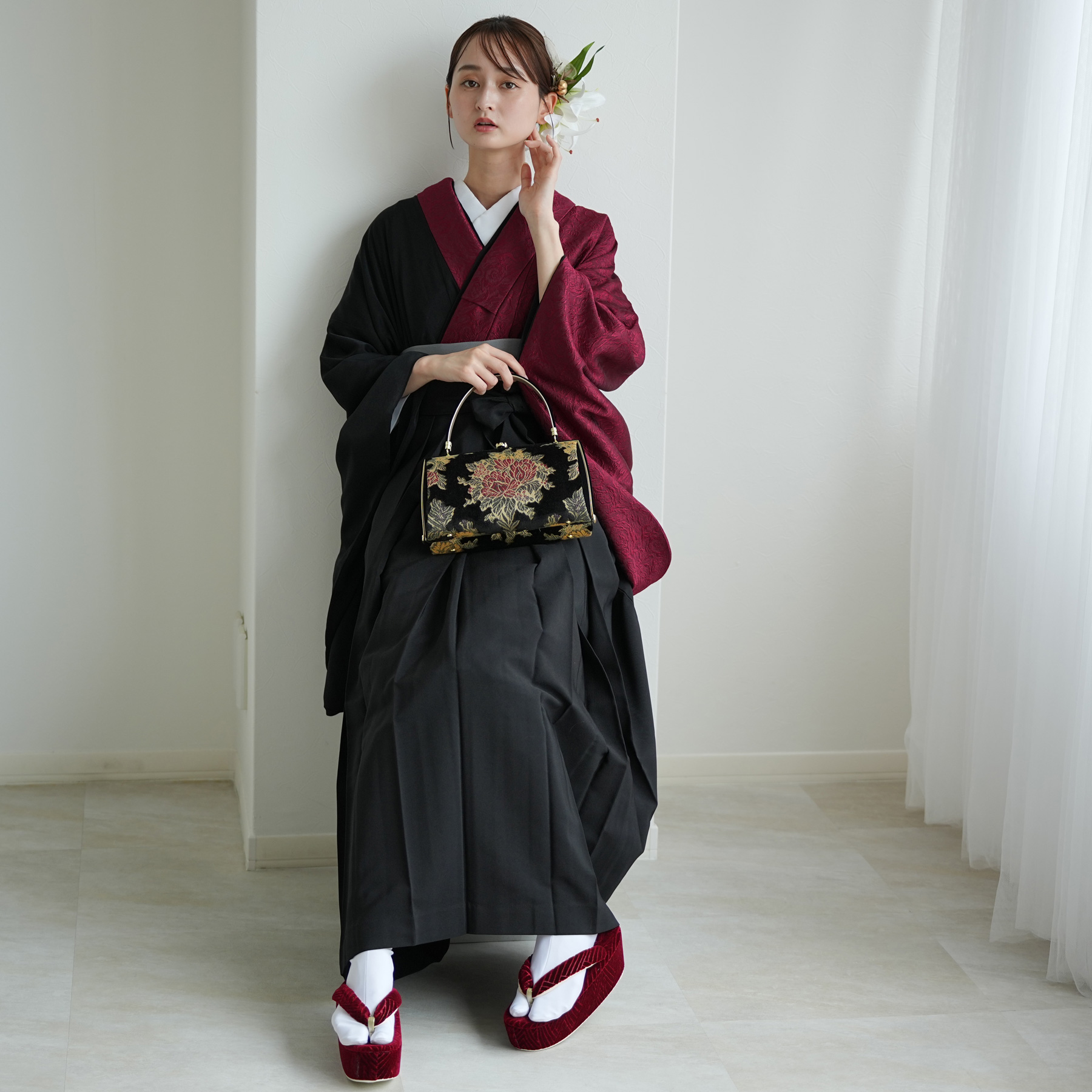 utatane 袴 卒業式 大学生 販売 袴と着物の2点セット 半身 密か紅