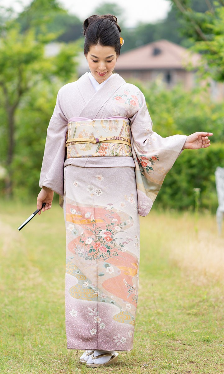 レンタル フルセット 高級正絹 訪問着 HO-MA602 紅藤色 流水に椿 結婚