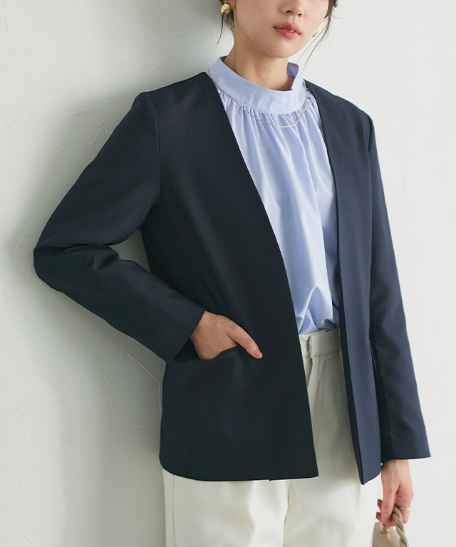 Pierrot（ピエロ） ジャケット ノーカラー シンプル レーヨン混