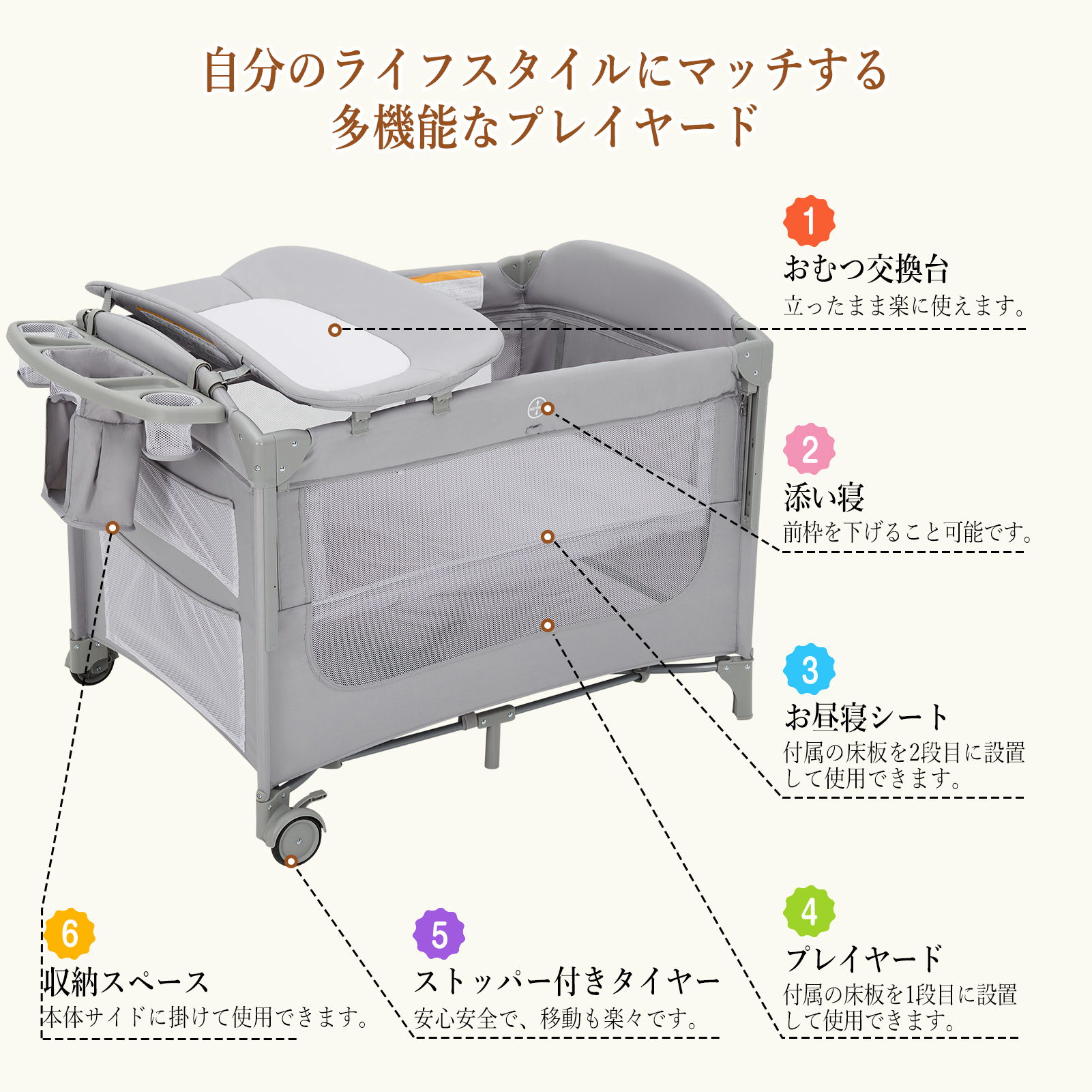 爆買 ベビーベッド プレイヤード 蚊帳付き 折りたたみ キャスター