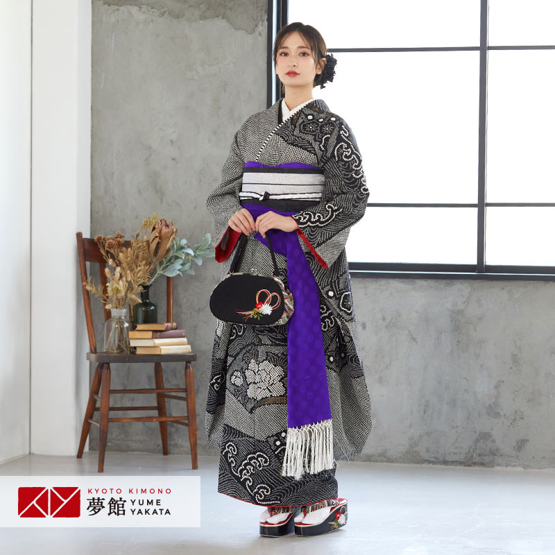 振袖 レンタル 成人式 結婚式 黒 総絞り 波頭に牡丹(絹) 一点物 12月