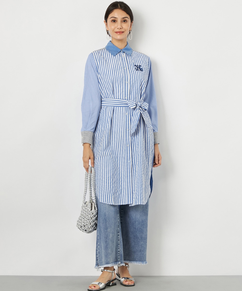 切り替えストライプシャツワンピース