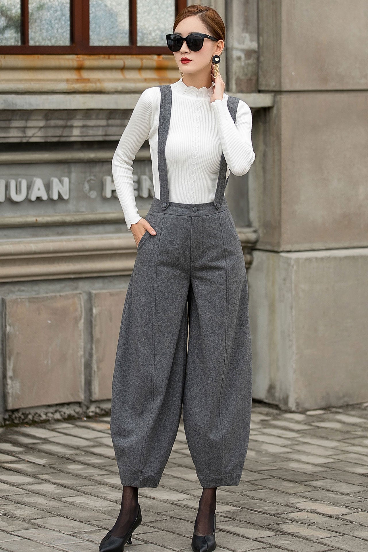 Gray Suspender Wool Pants Women 3153 – Xiaolizi