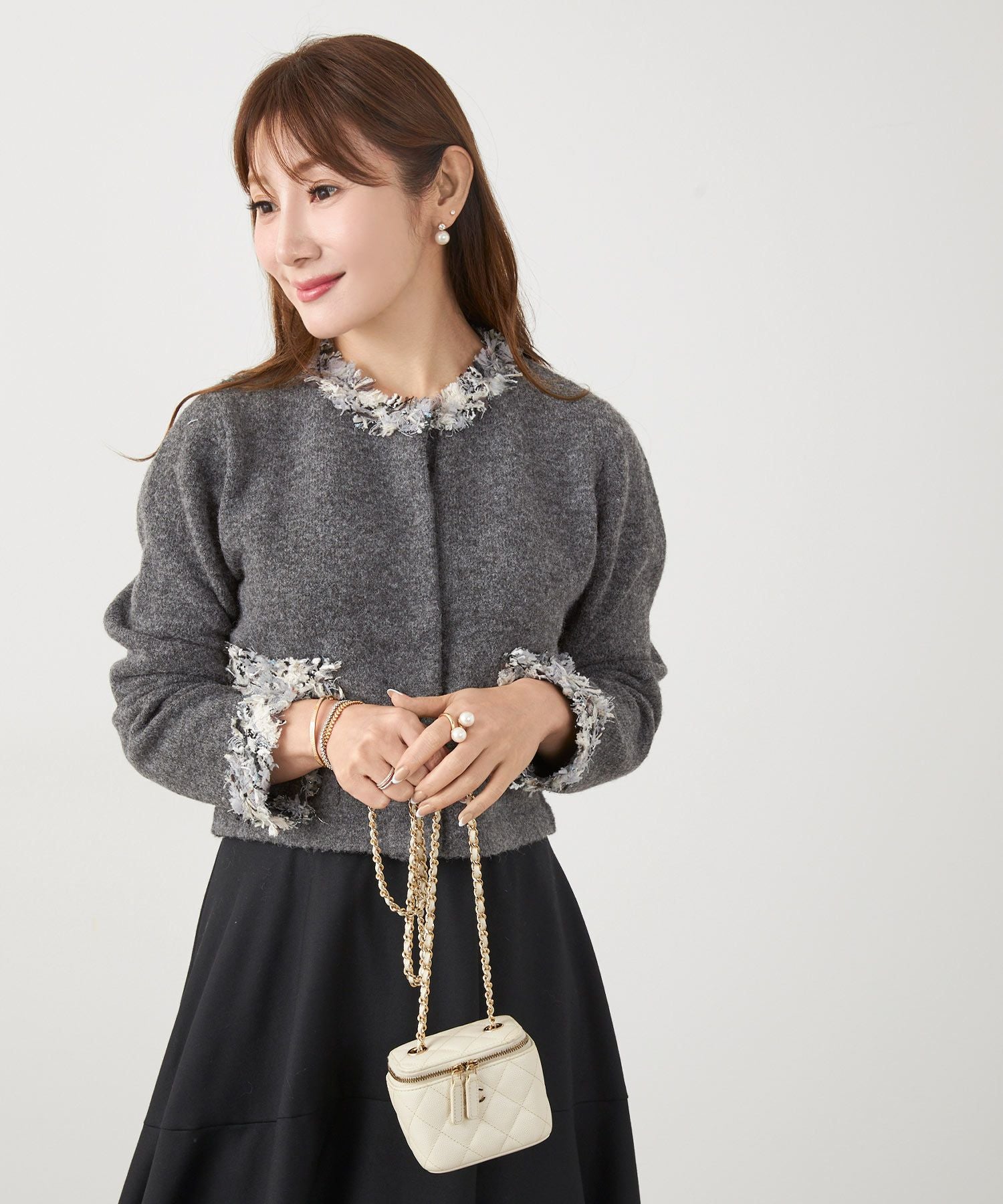 フリンジ ツイード ラウンドネック ニット カーディガン