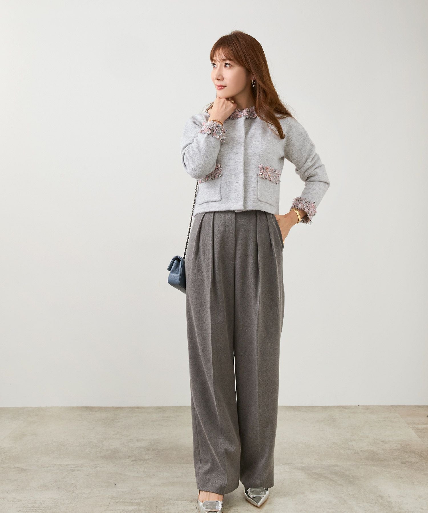 フリンジ ツイード ラウンドネック ニット カーディガン