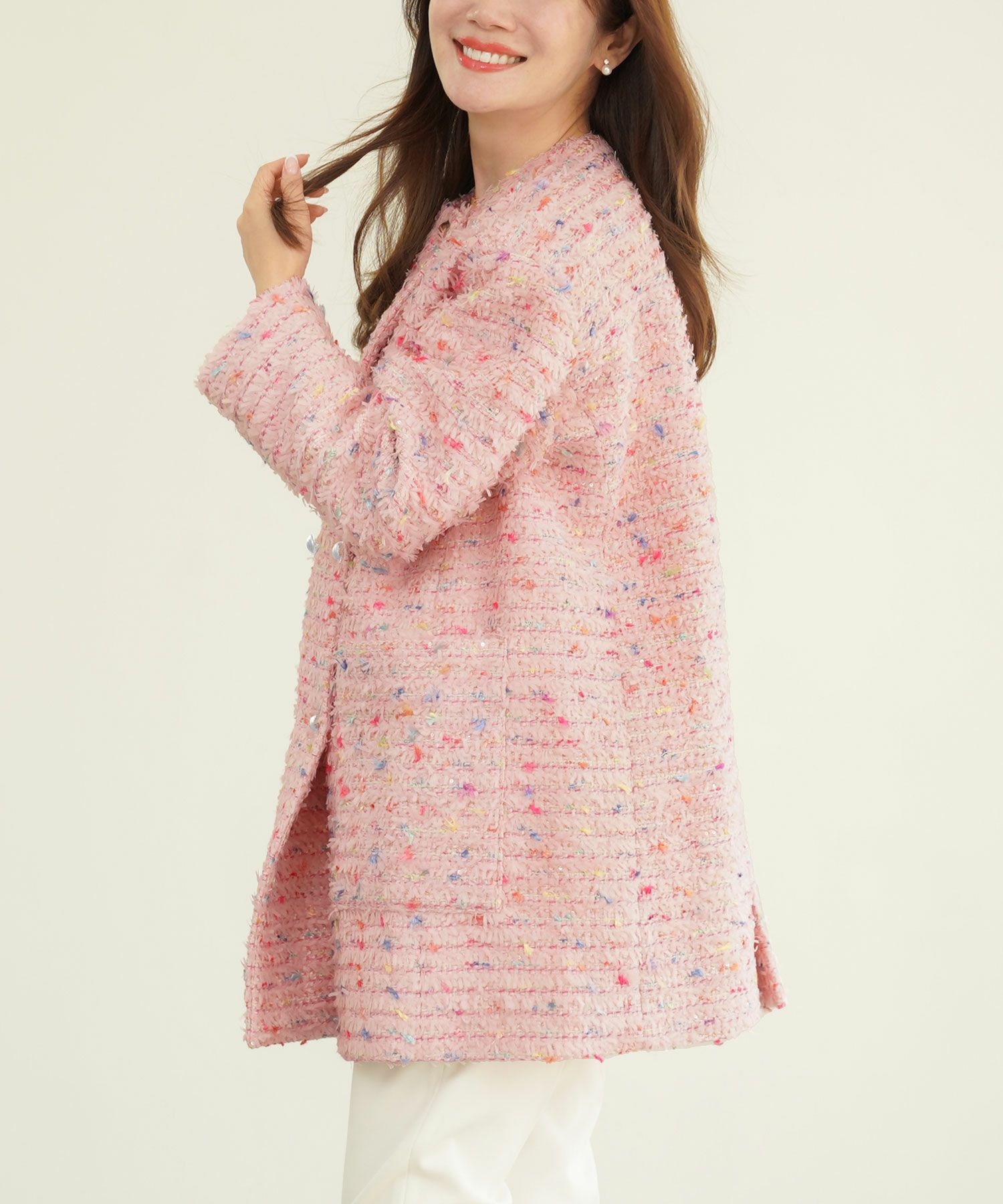 2点以上で半額クーポン対象 ノーカラー カラフルツイード ダブルボタン