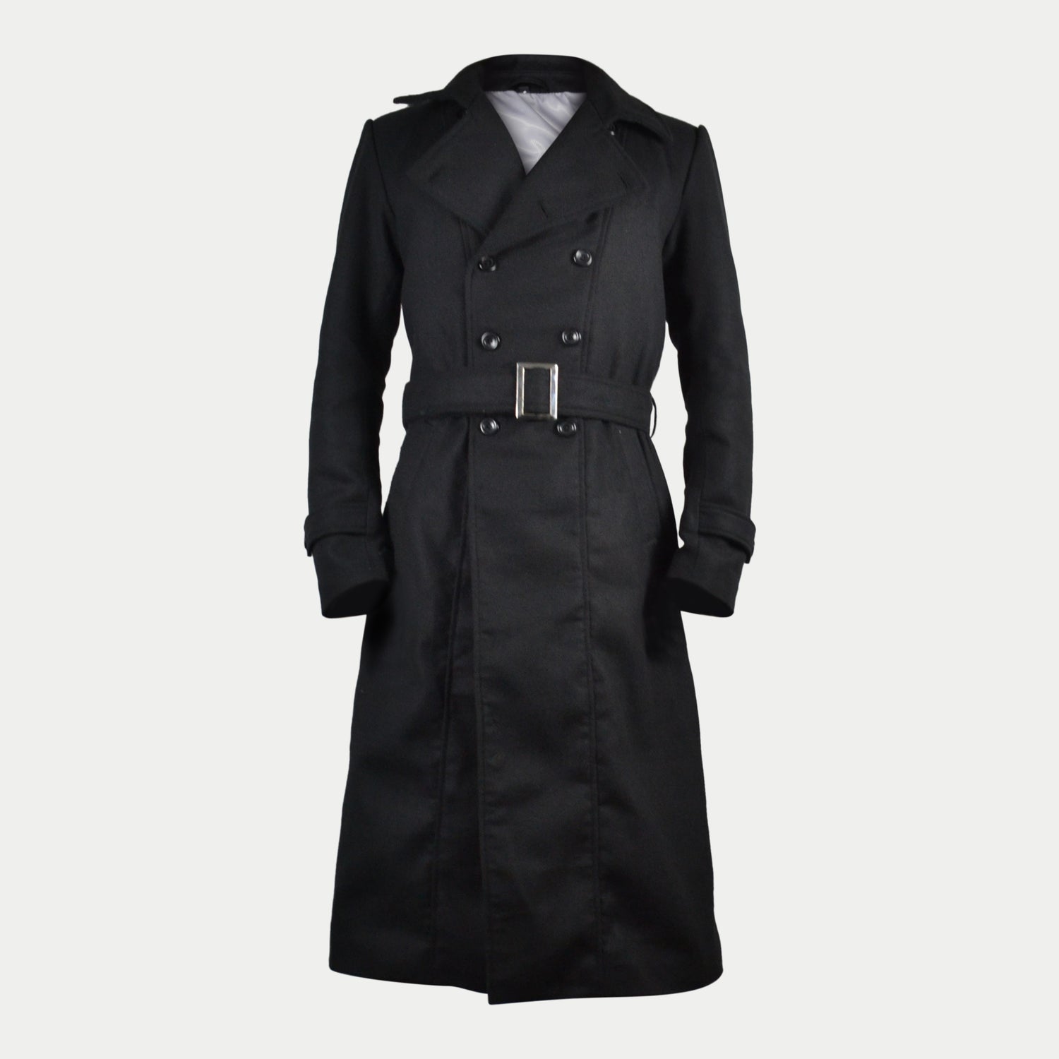 Men's Black Long Double-Breasted Belted Genuine Wool Coat – South