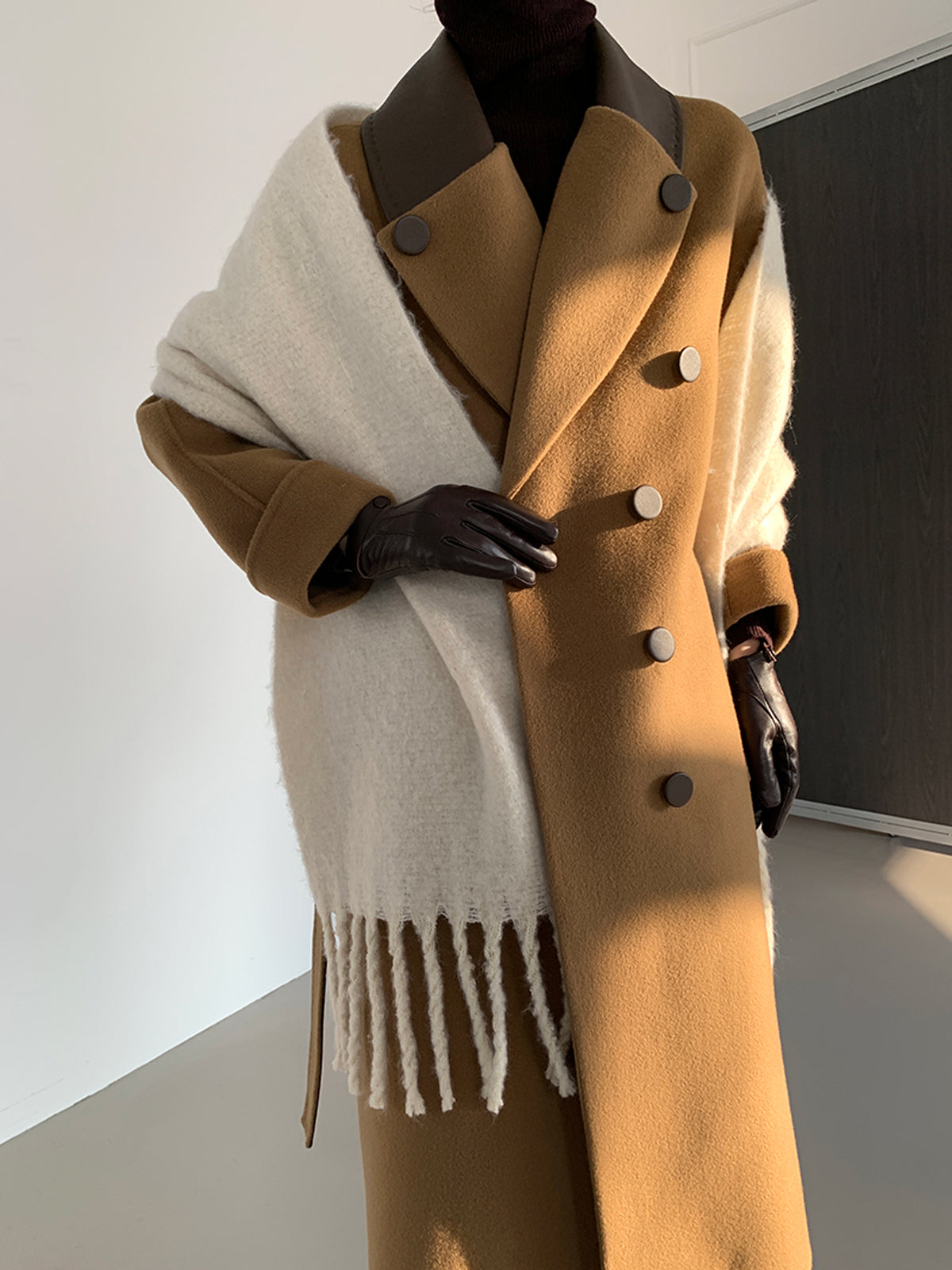 Leather Double Face Wool Wrap Long Coat | Slowliving Lifestyle