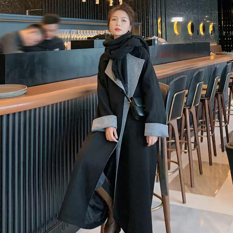 ウエストベルト付きバイカラーウールコート 黒・グレー 秋/冬 オフィス