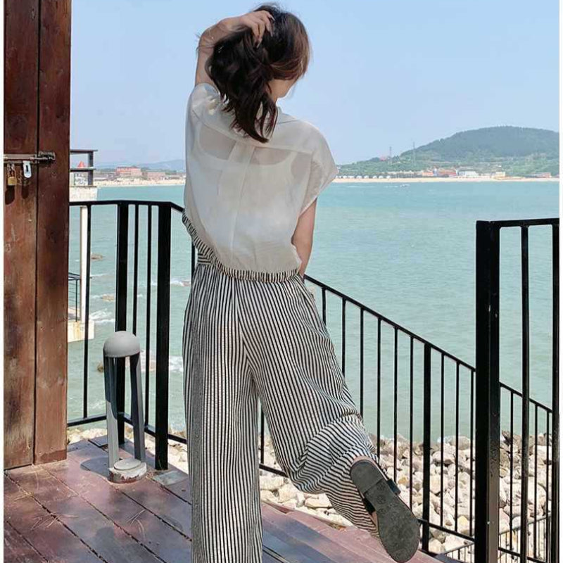 ブラウ×ストライプワイドパンツセット(白・黒) 春/夏 スタイリッシュな