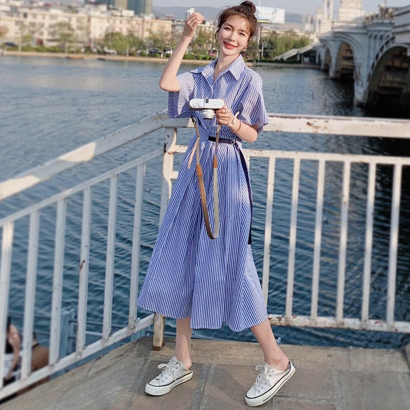 サイドベルトストライプワンピース（青）春/夏 大人マリンスタイル