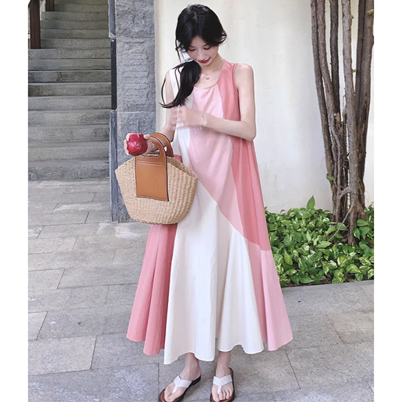 パッチワーク風ノースリーブワンピース（ピンク）春/夏 ゆったりシルエット