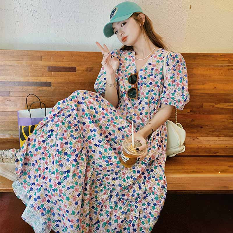 カラフルフラワーワンピース（ピンク）春/夏 夏らしいポップなカラー