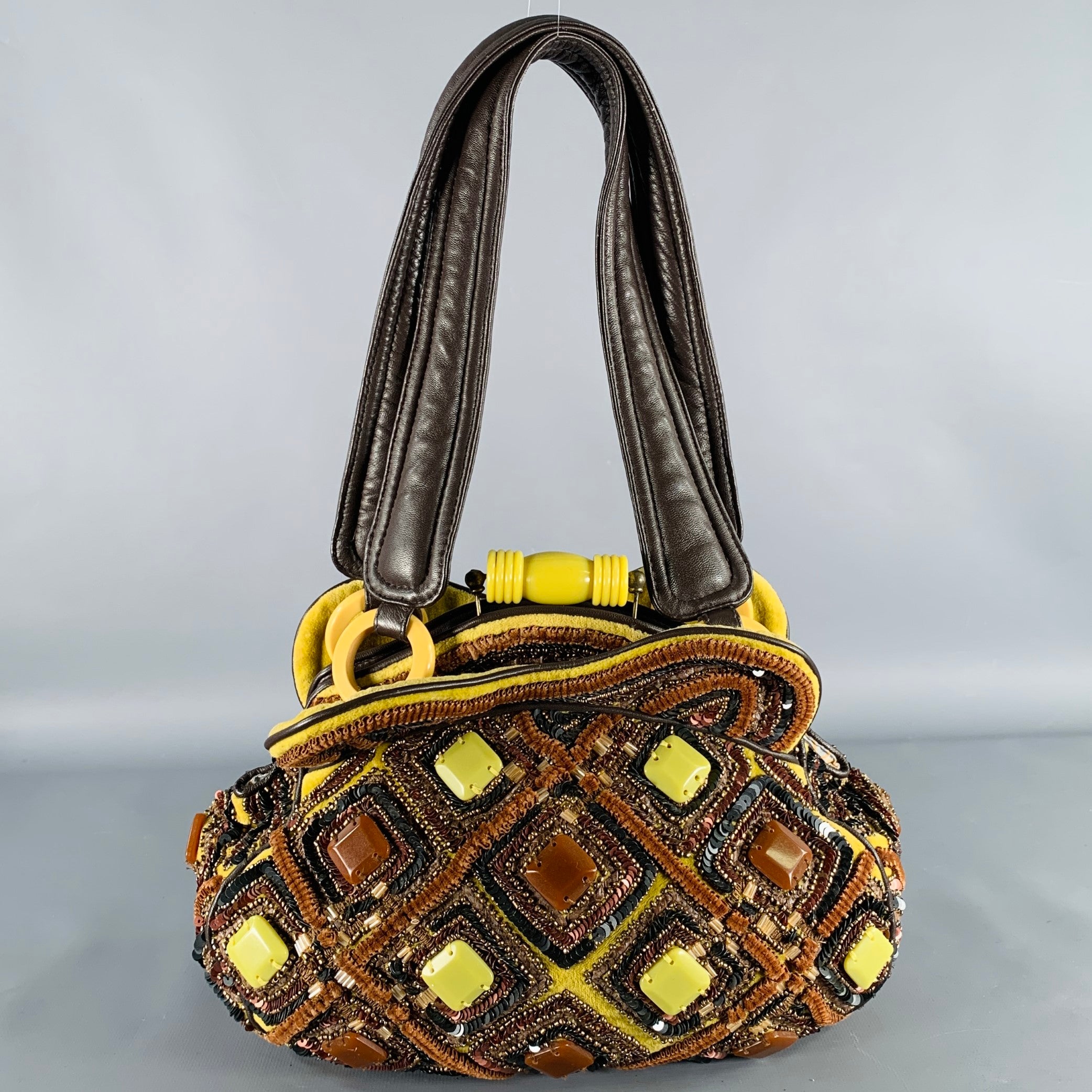 JAMIN PUECH Brown Yellow Beaded Cotton Leather Handbag – Sui