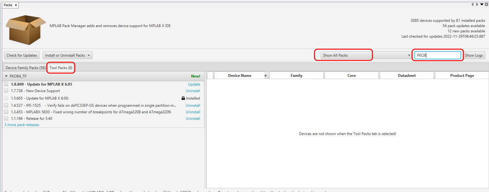 MPLAB X IDE - Specifying Tool Pack Version