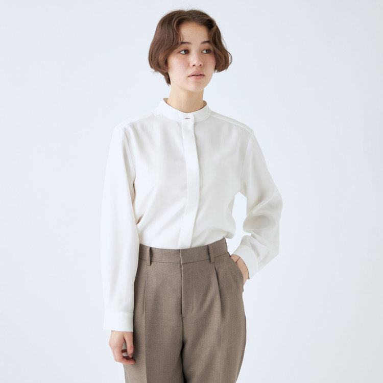 発送在庫あり】【SL/長袖】バンドカラーブラウス/ホワイト/比翼仕様