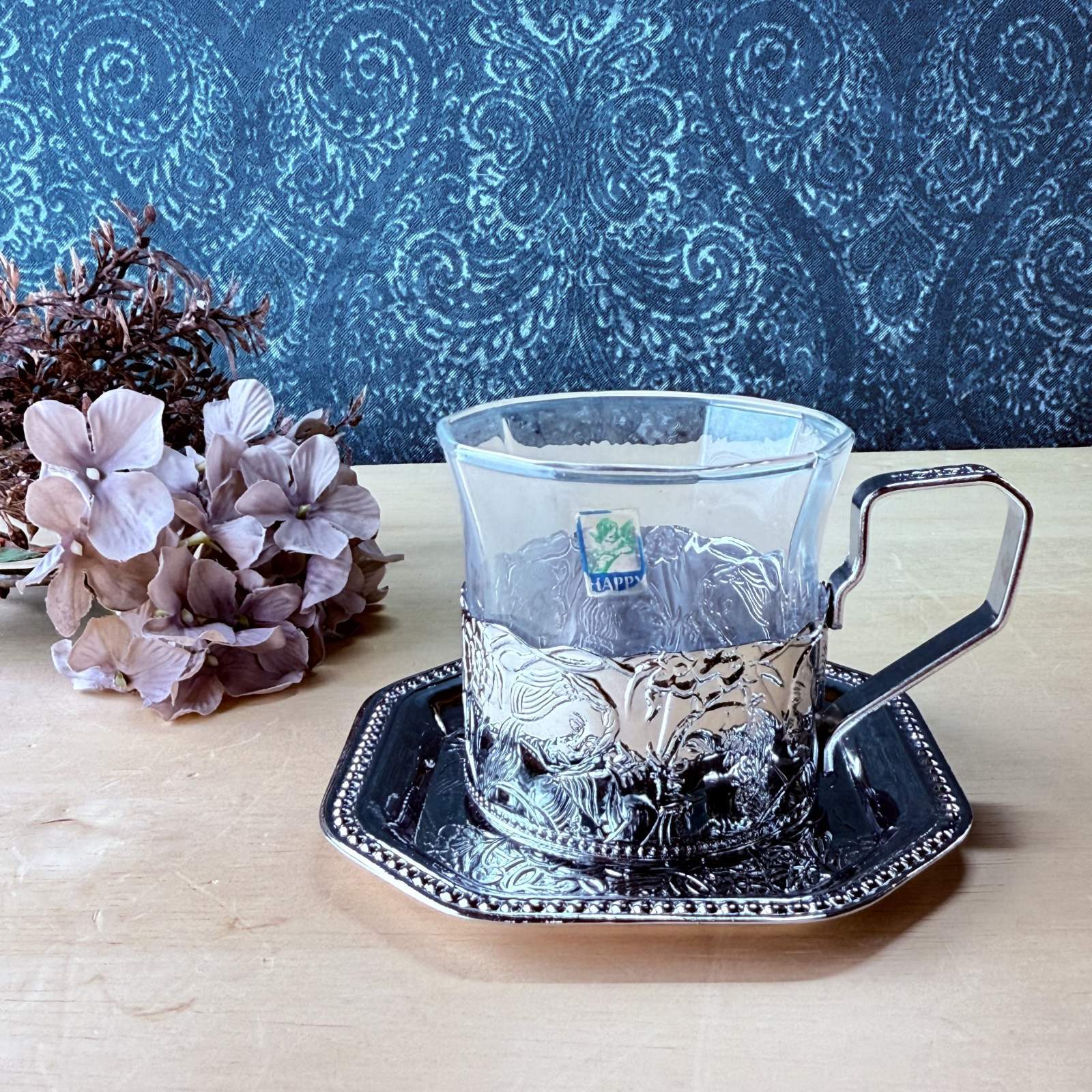 ステンレス製ホルダー ガラスカップ＆ソーサー シルバー