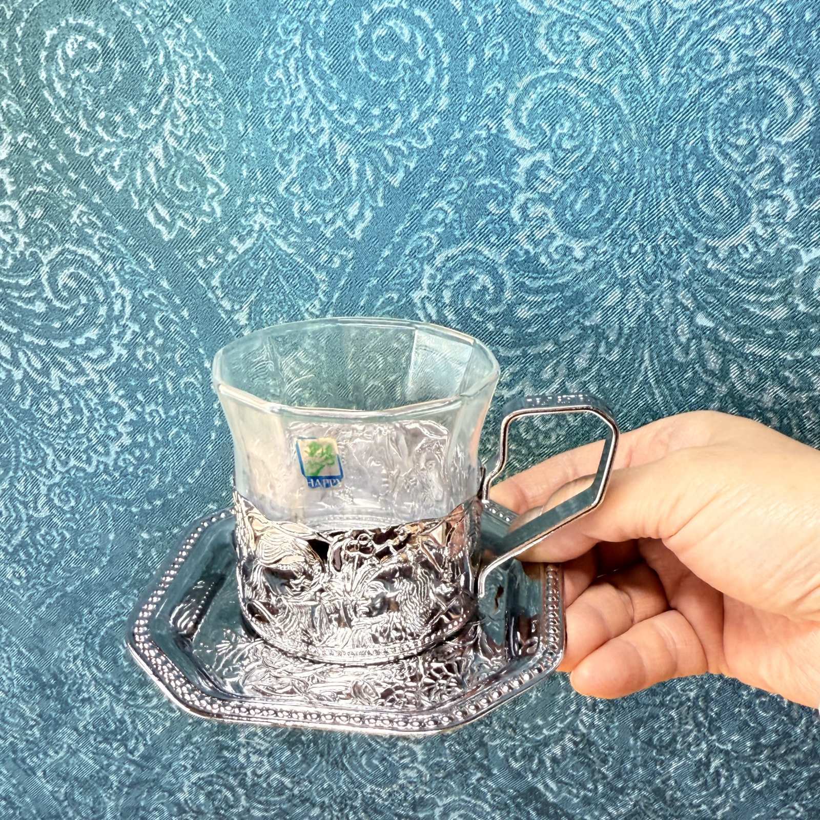 ステンレス製ホルダー ガラスカップ＆ソーサー シルバー