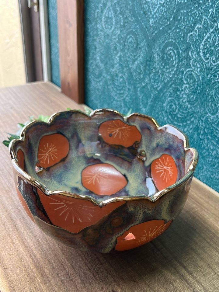 美濃焼き雅陶 口金天目菊 晃峰作 菓子器 陶器 WF117