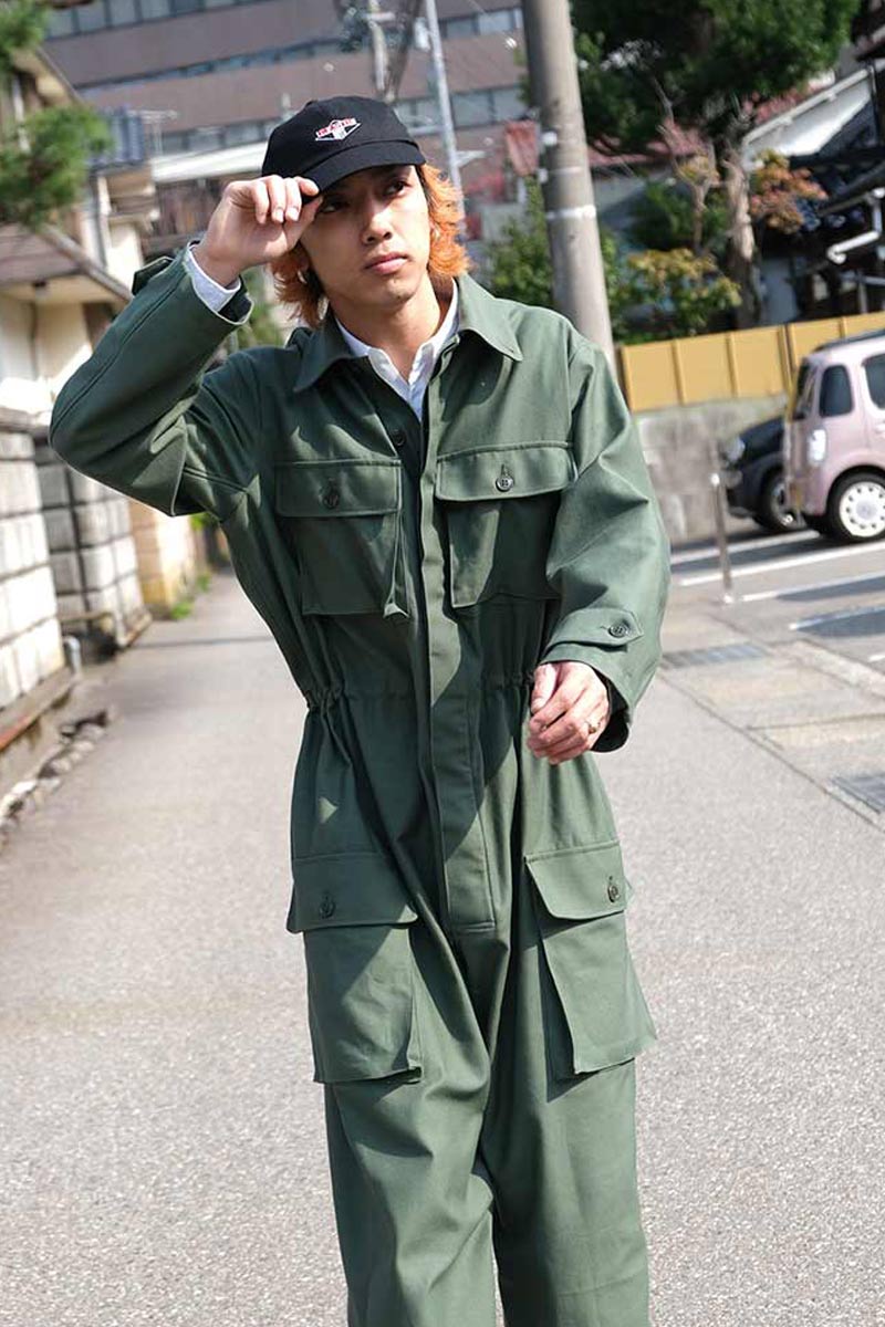 80'S US LAUNDRY JUMPSUIT / OLIVE USコットンジャンプスーツ – STOCK