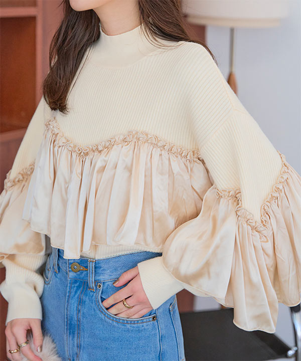 アシンメトリーサテンデザインニットトップス [C7181] | SALE