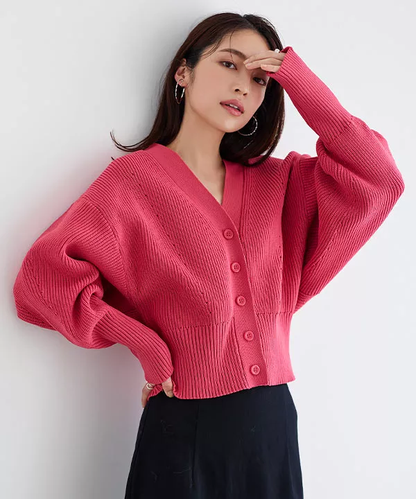 ボリュームスリーブVネックカラーニットカーディガン [C6142