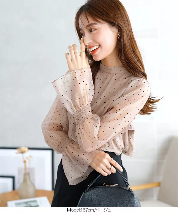 フロッキードットシャーリングブラウス [C6904] | トップス全品送料
