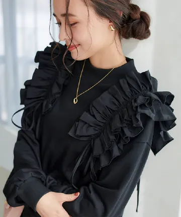 フリルギャザーデザインモックネックスウェットトップス [C7307