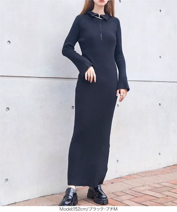 フレアスリーブハーフジップニットワンピース [E3406] | SALE
