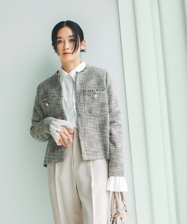 ONOFF活躍/セレモニー/通勤】ツイードノーカラージャケット/洗える