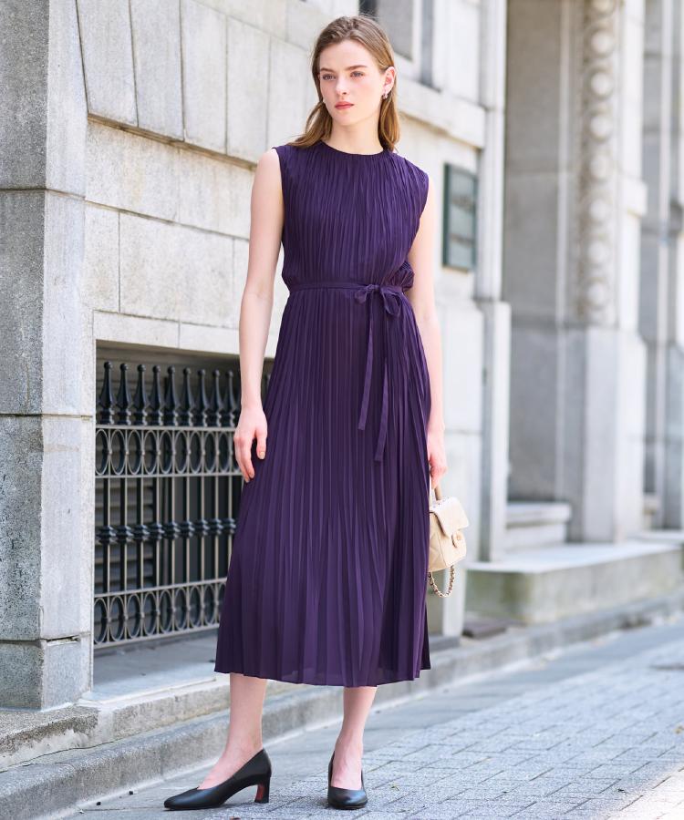 洗える/オンオフ】プリーツノースリーブワンピース（マキシ・ロング