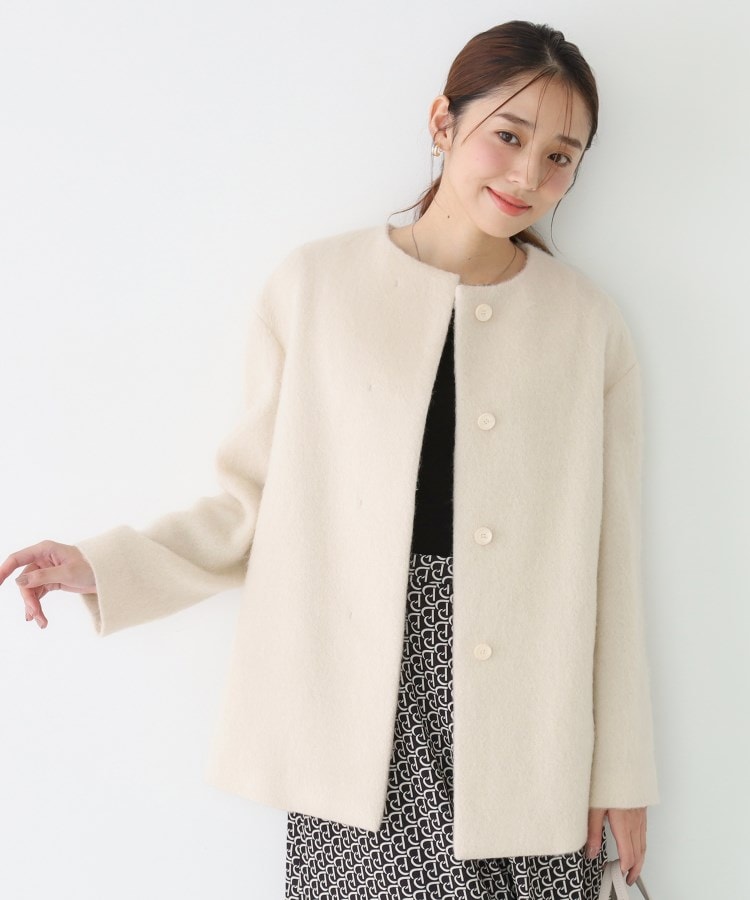 日本製／モヘヤ混／ヒップ丈】ノーカラーコート（ノーカラーコート