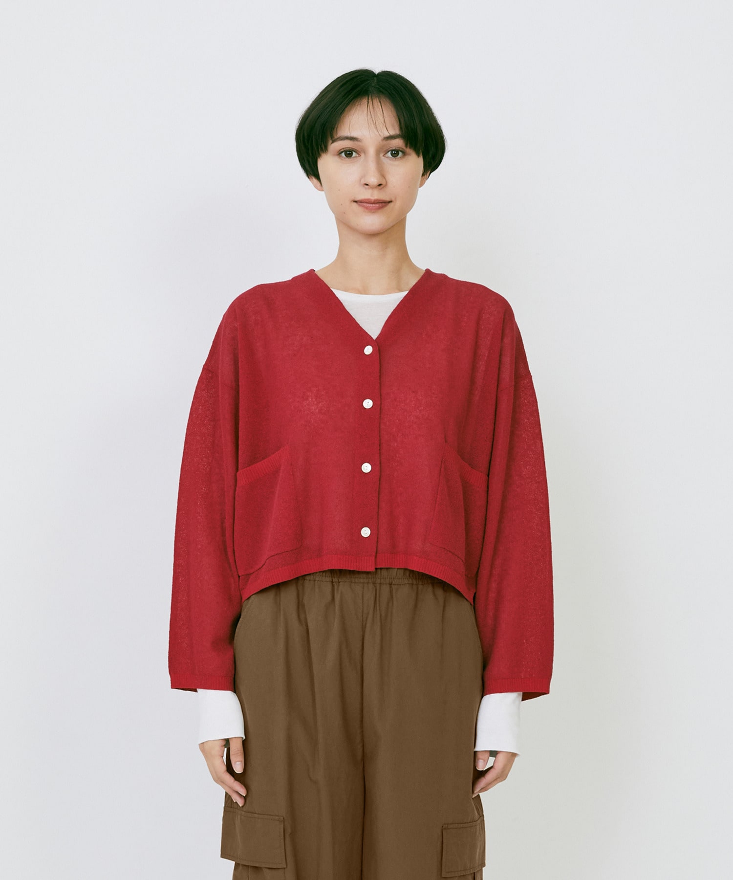 エステルコットンリネンダブルジャカード編みショートカーディガン