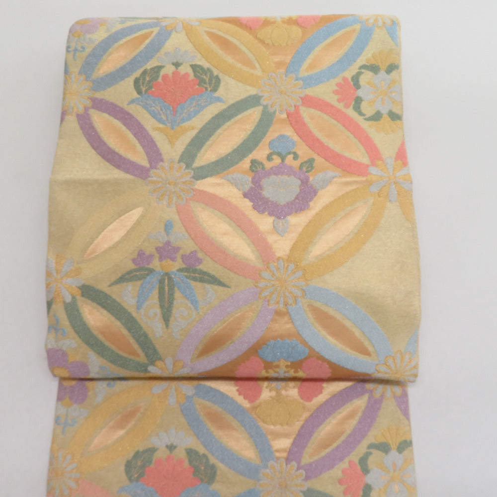 袋帯 七宝紋様 金糸 パステル系 ゴールド色x多色 六通柄 正絹 仕立て