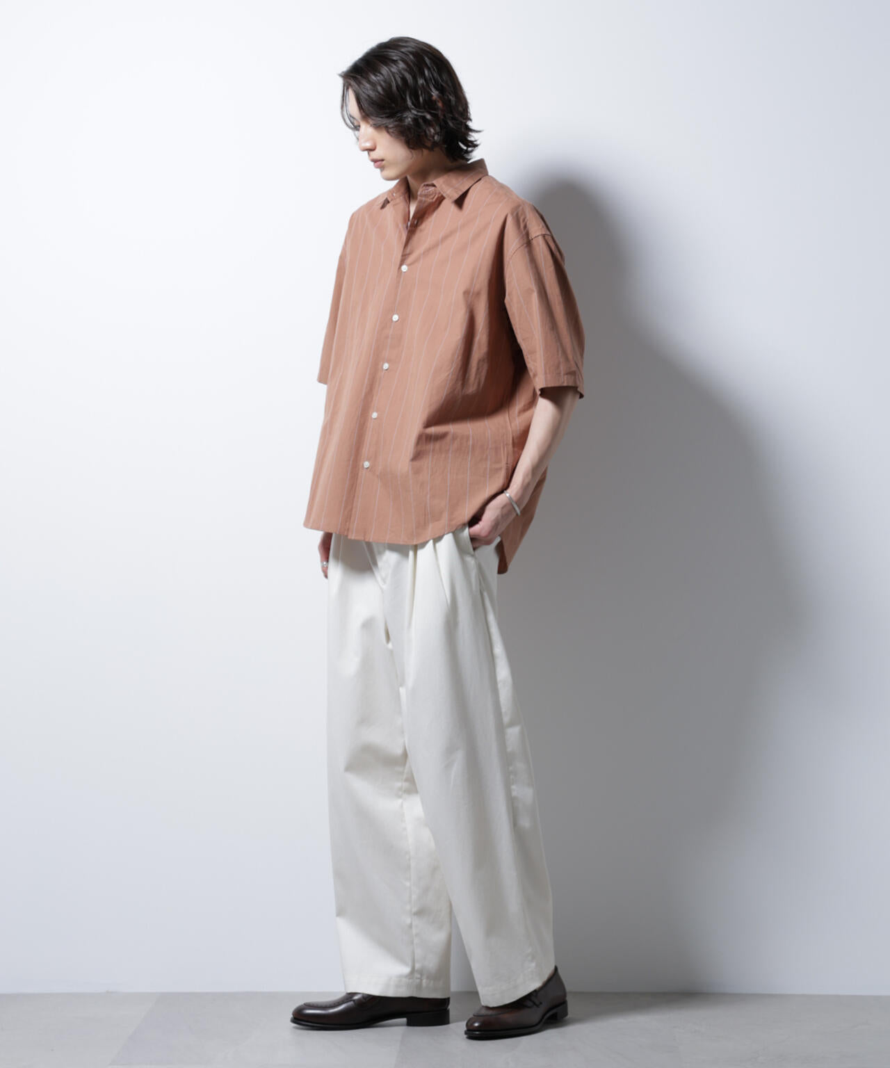 レギュラーカラー コットン リネン ストライプシャツ