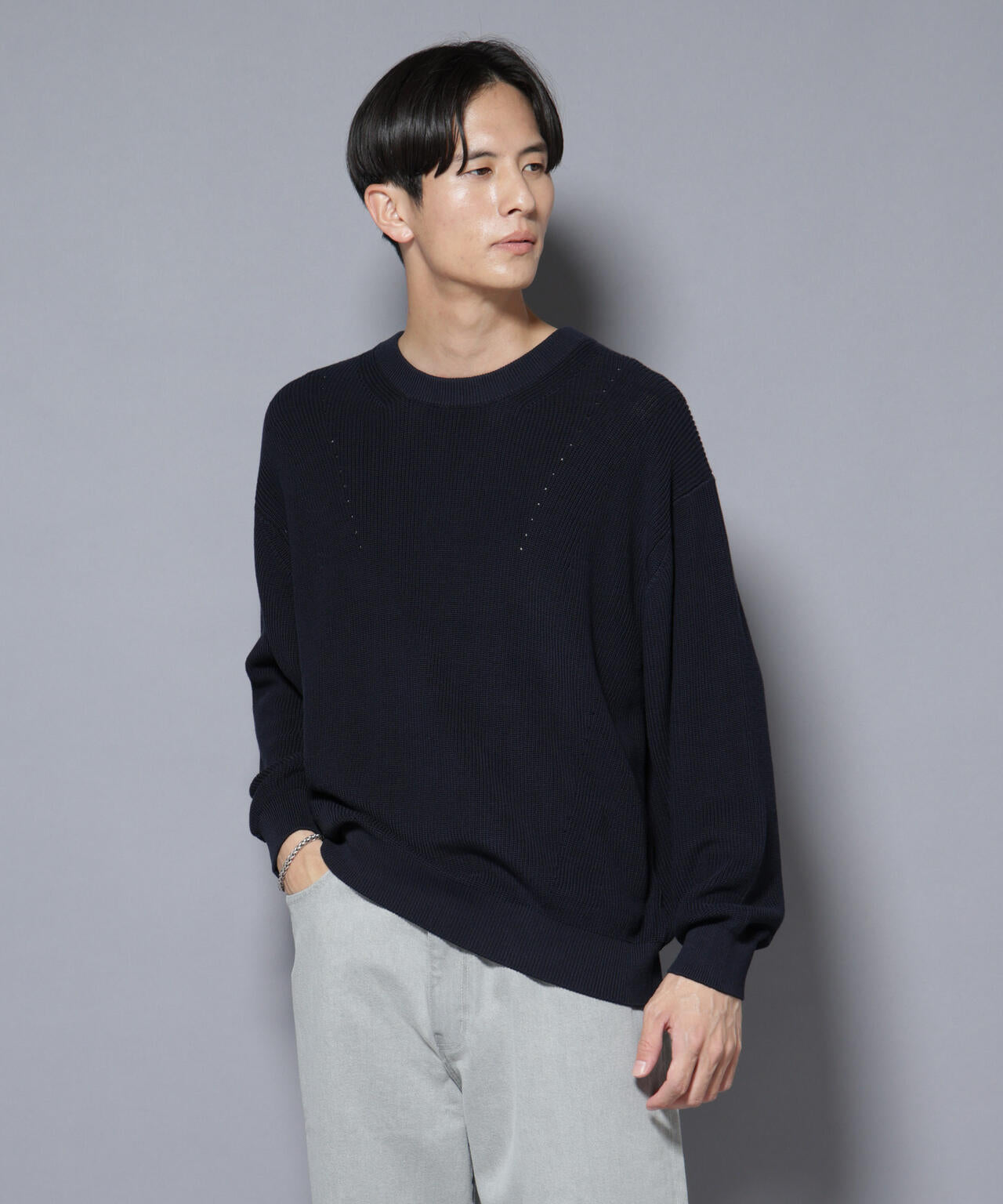 マーセライズコットン 畦クルーネックニット