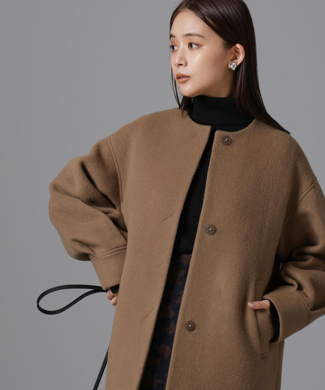 PECOLAMB ウール カシミヤ ノーカラー ミドル丈コート