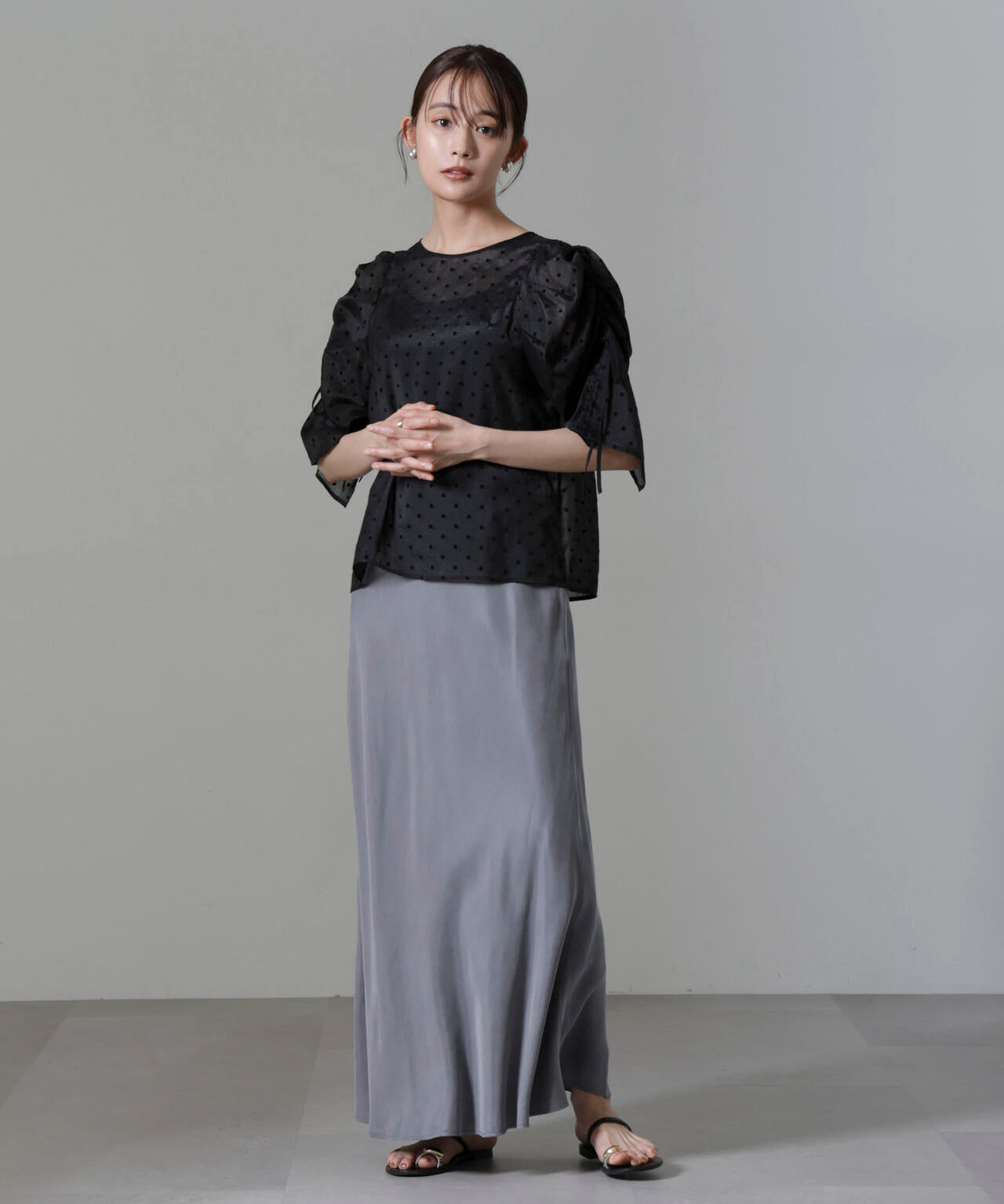 フロッキー ドット リボン スリーブ ブラウス