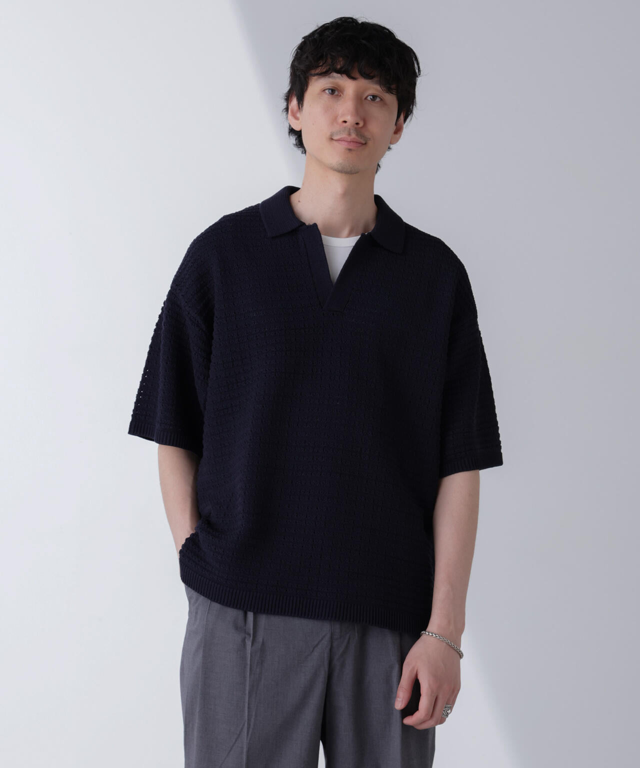 アイレット ジャガード ボーダー ポロシャツ 半袖