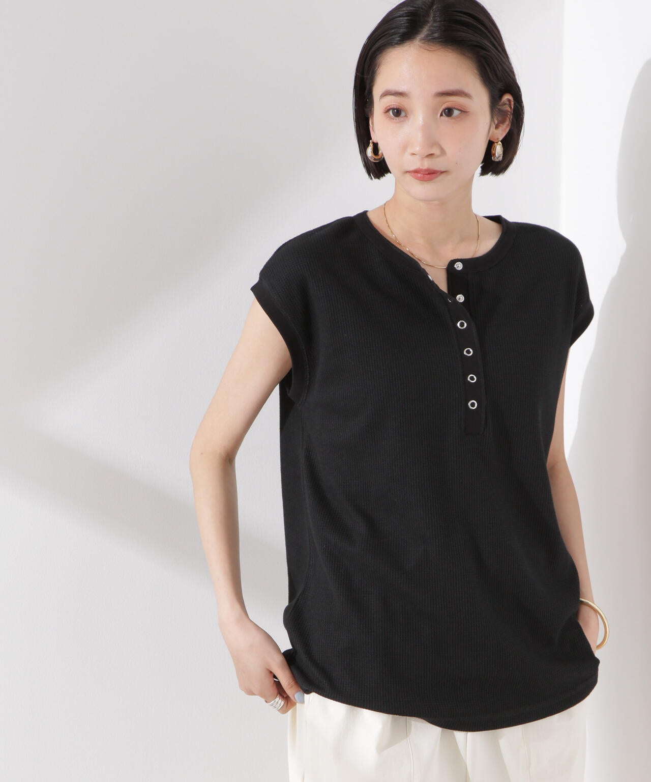 ワッフル ヘンリー ノースリーブ トップス
