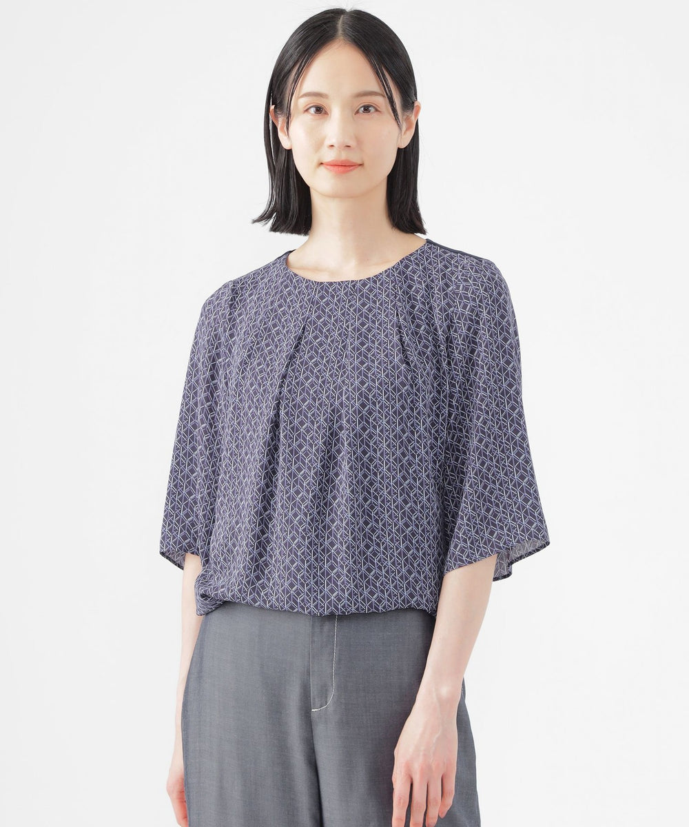 ウォッシャブル】ラインキューブプリントコンビブラウス(トップス
